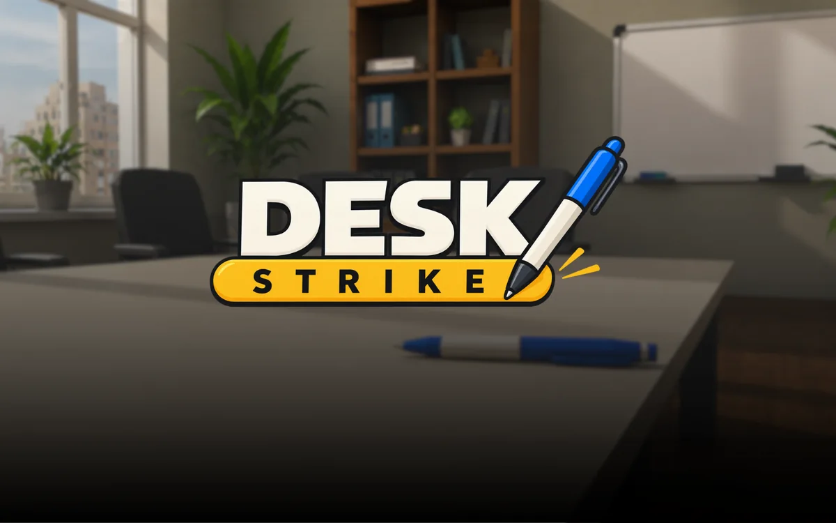 Desk Strike key art — a pen mid-strike on an office desk