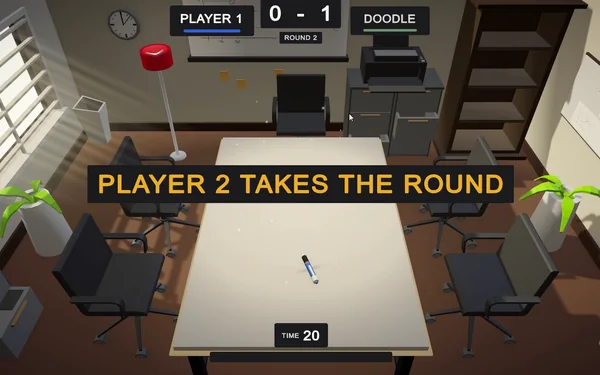 End-of-round banner reading Player 2 takes the round