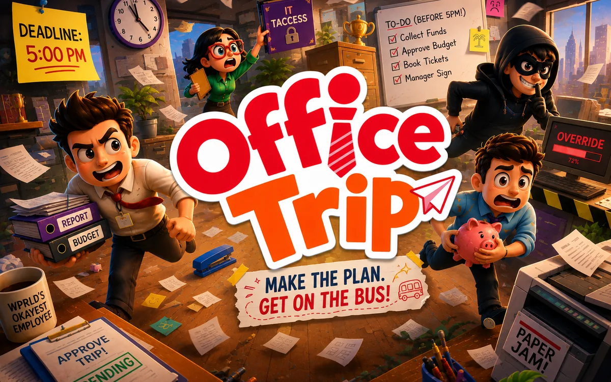 Office Trip key art — colleagues racing to organise a trip before 5pm